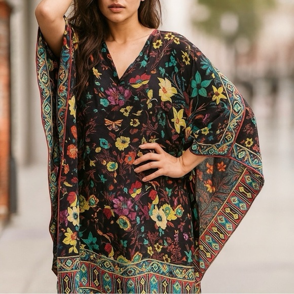 TOLANI Odelia Floral Silk Printed Kaftan Top - Picture 1 of 12